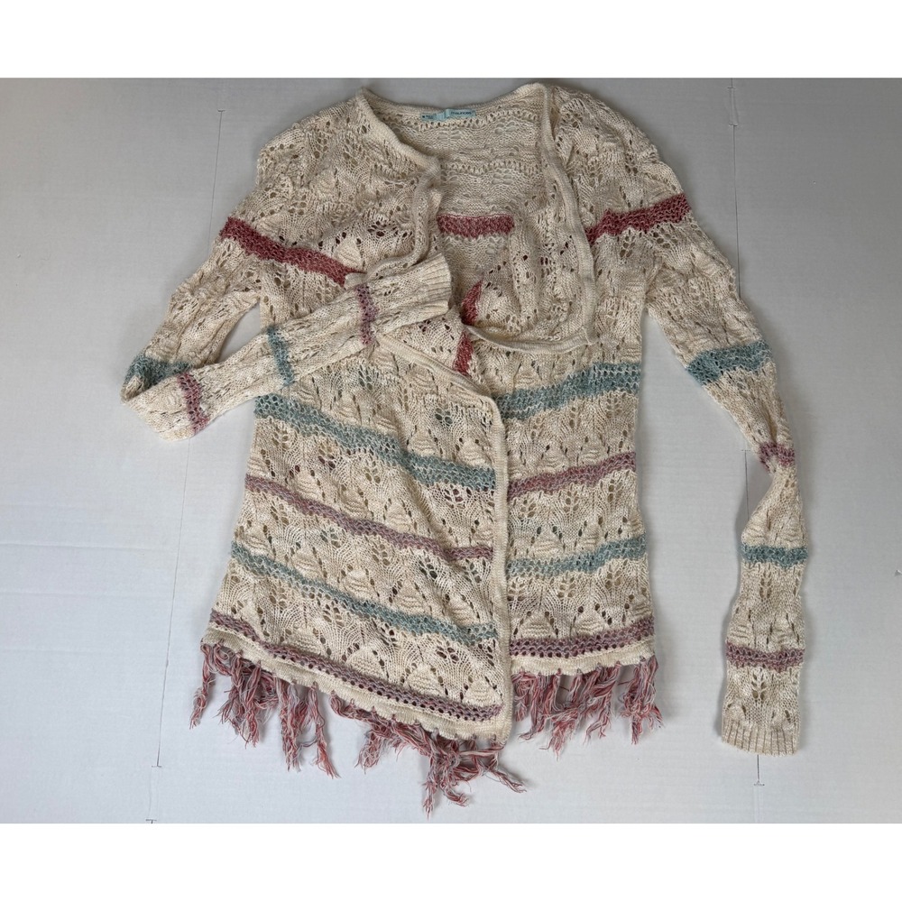 Maurices Womens Medium Open Front Cardigan Pointelle Knit Fringe Striped Cream